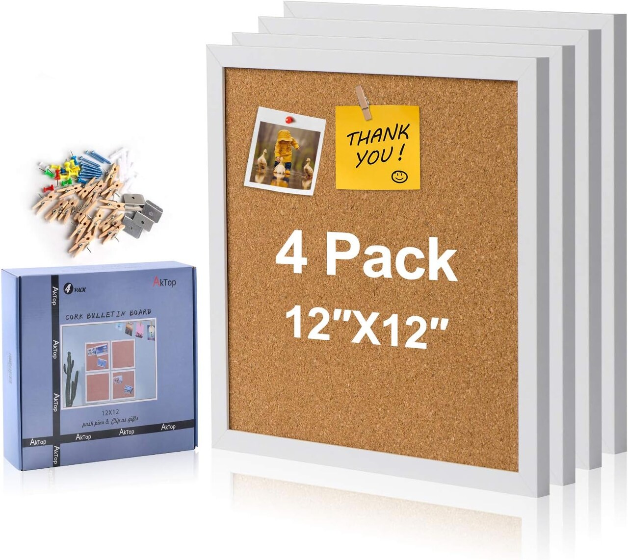 4 Pack Cork Bulletin Board with Push Pins and Wood Clips - 12x12 (White Framed)